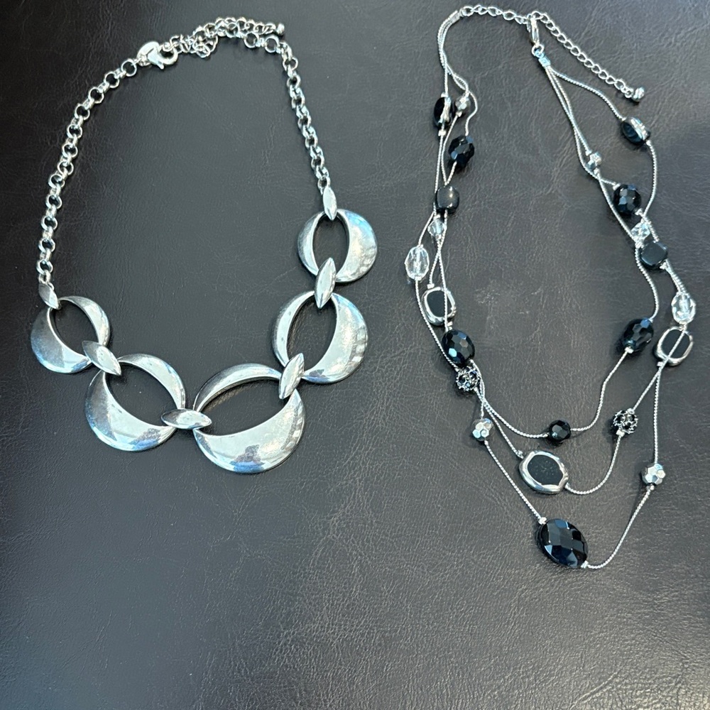 Silver Tone Linked Statement Necklace - Black Accent Multi-Strand Option